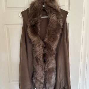 Brown Fringed Faux Fur Trim Poncho/Vest S/M